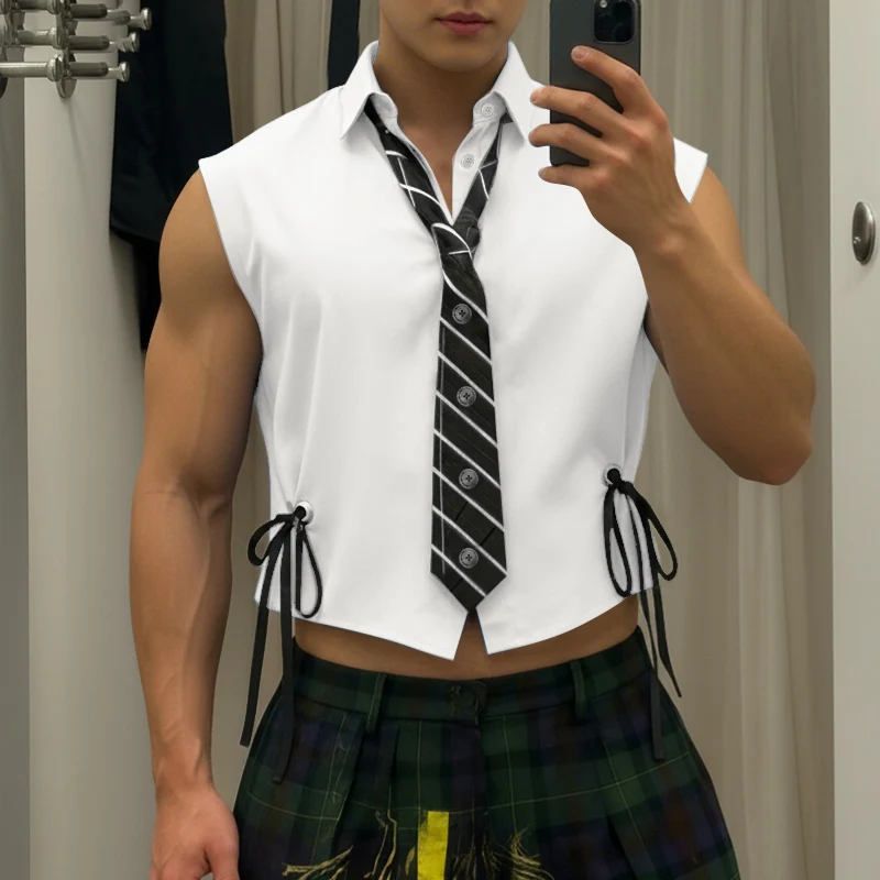 INCERUN Men Shirt Patchwork Lapel Sleeveless Lace Up Men Clothing With Tie Loose Streetwear Fashion Casual Crop Tops Men Camisas