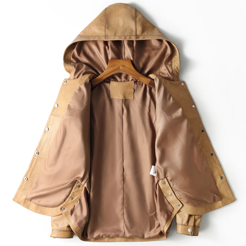 TAJIYANE 100 % genarbte Schaffelljacke Frau Kurze Echtlederjacken mit Kapuze Herbst Damenkleidung 2025 Chaquetas