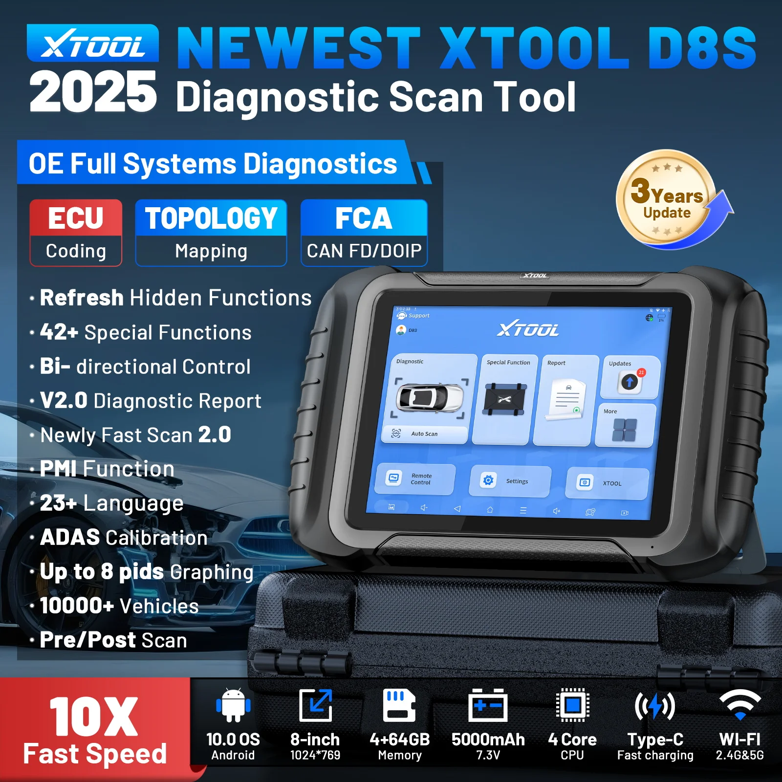 Picture 3: XTOOL D8S All Systems Automotive Diagnostic Tools Key Programming ECU Coding Active Test 42+ Resets Toplogy Map CANFD DOIP FCA Autoauth OBD2 Bi-directional Control Scanner 3 Years Update PK XTOOL D8