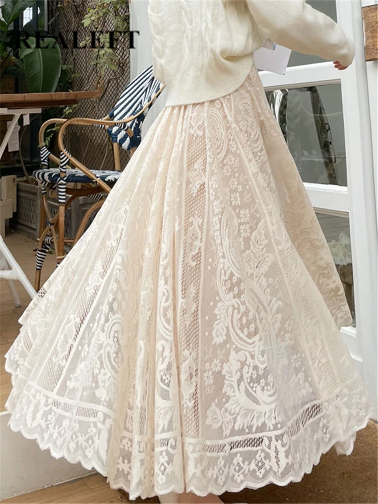 REALEFT Vintage Women's Lace Crochet Umbrella Long Skirts Bohemian High Waist Hollow Out Female Maxi Skirts Spring Summer