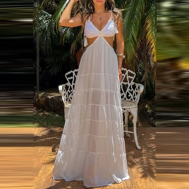 

Casual Sleeveless Fit Swing Vacation Maxi Dress Elegant Lady Solid Spliced Dress Trendy Bohemian Hollow Out Halter Evening Dress
