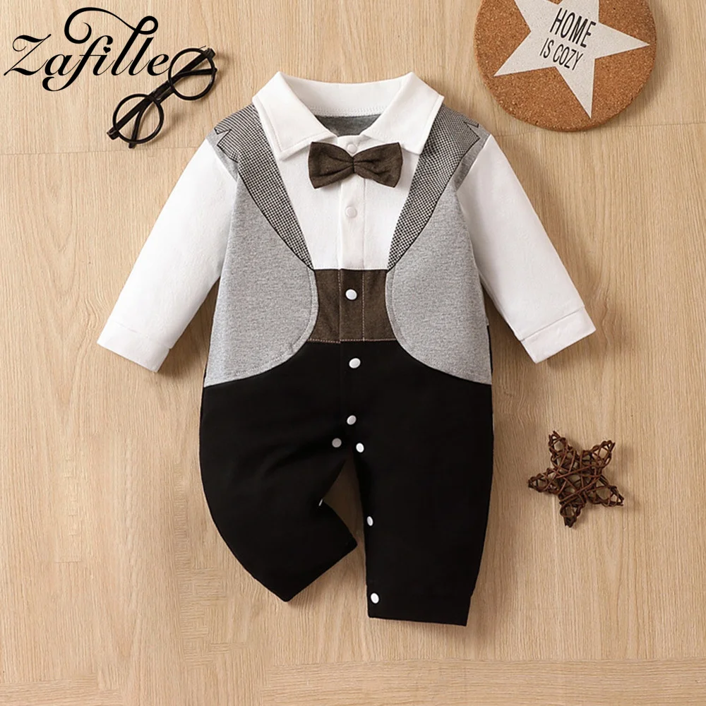 

ZAFILLE Fake Two Toddler Boys Rompers Gentleman Baby Costume Autumn Jumpsuits For Newborns Boy Outwears Patchwork Infant Outfits