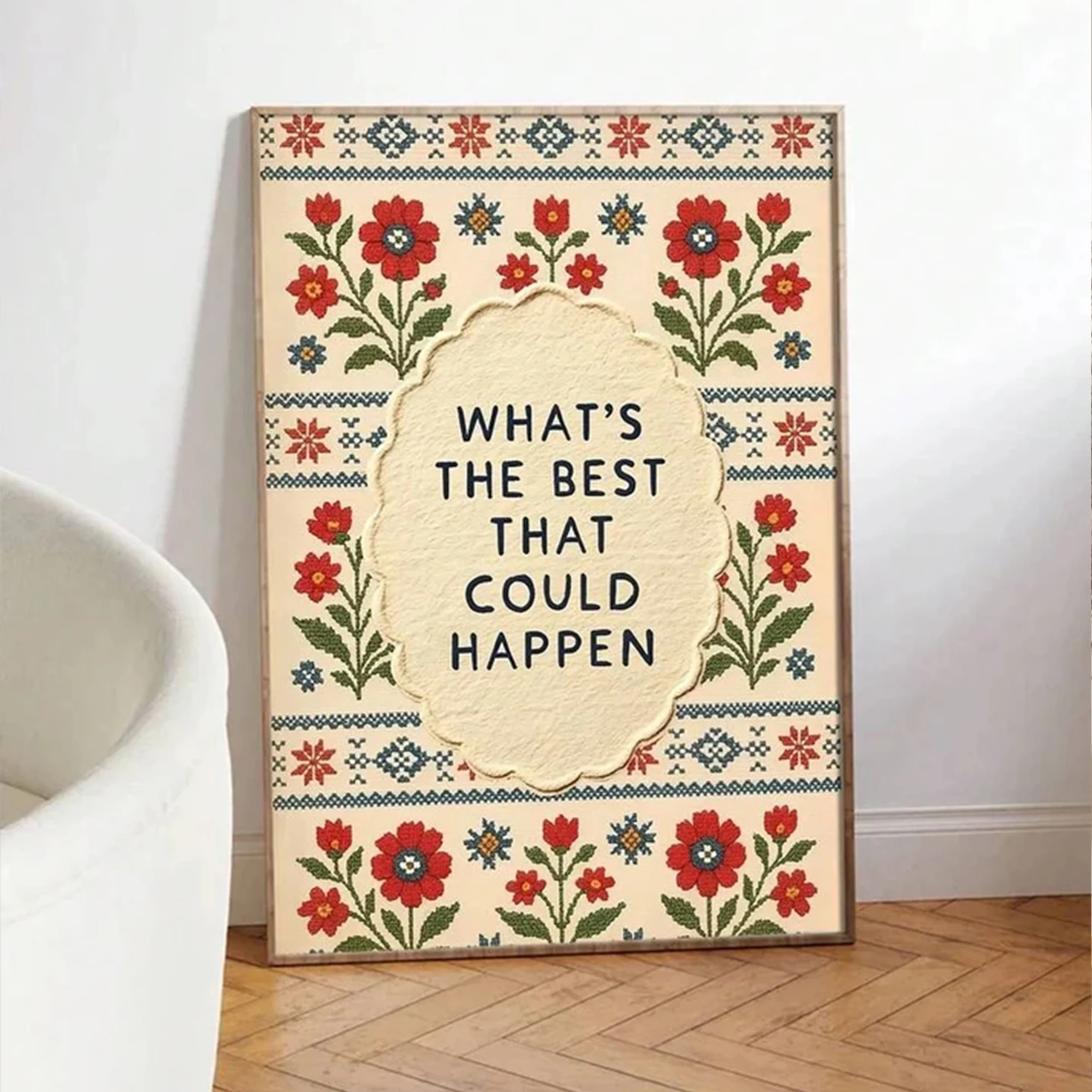 Retro Red Botanical Border Motivational Text Wall Art Print Canvas Painting Poster Picture For Living Room,Bedroom Home Decor