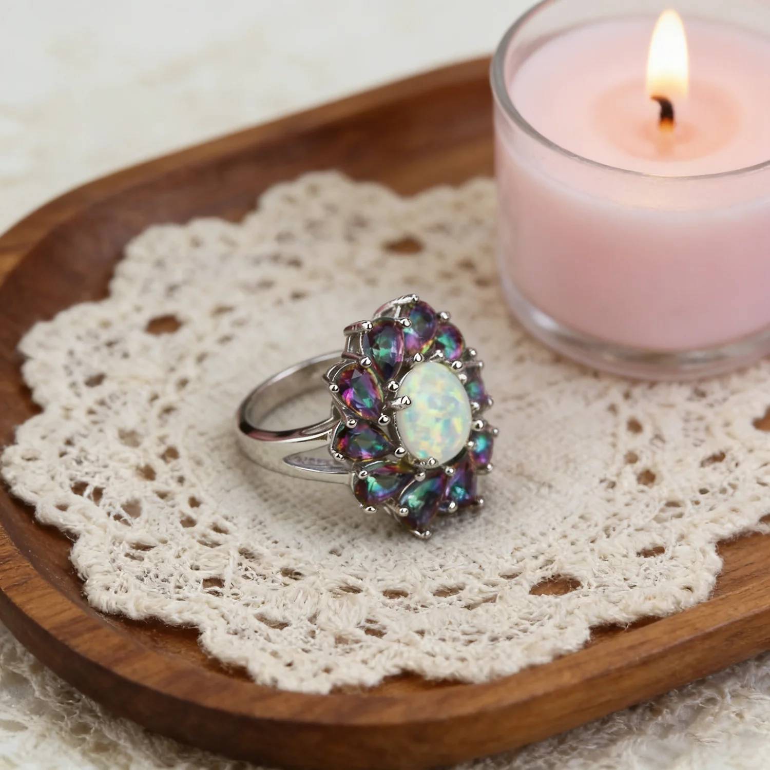 Luxury Flower Cocktail Ring Floral Rainbow Stone & White Opal Rings For Women Fashion Jewelry Bohemia style Gift for Girlfriend