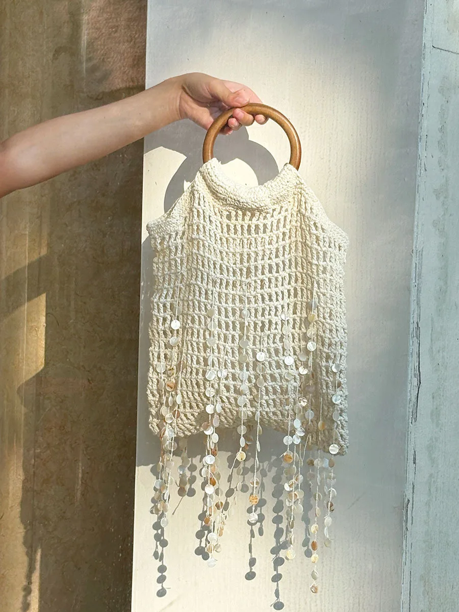 Casual Vacation Style Niche Design Fairy Crochet Bag Handbag Fringed Wooden Ring Shell Hollow Bag