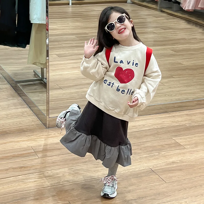 Girl Hoodies 2024 Autumn New Fashion Love Letter Casual Tops Fish Tail Spliced Skirt Casual Simple Fashion Loose Sweet Korean