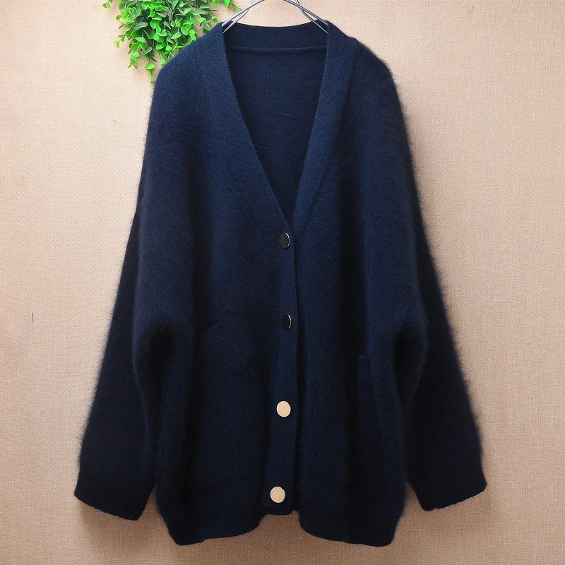 

Female Women Fall Winter Thick Warm Blue Hiary Mink Cashmere Knitted V-Neck Long Sleeves Loose Cardigan Jacket Coat Sweater Pull