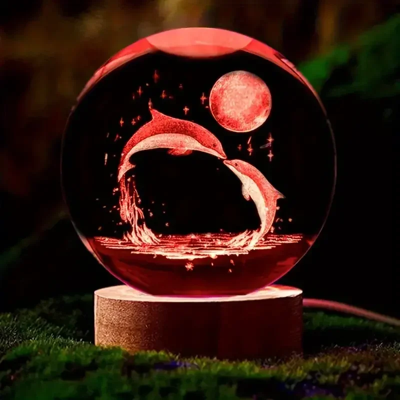 

1pc 3D Dolphin Moon Crystal Ball, Birthday Gift To Wife Friend 3D Laser Etched Marine Animal Indoor Statue Lamp Decoration