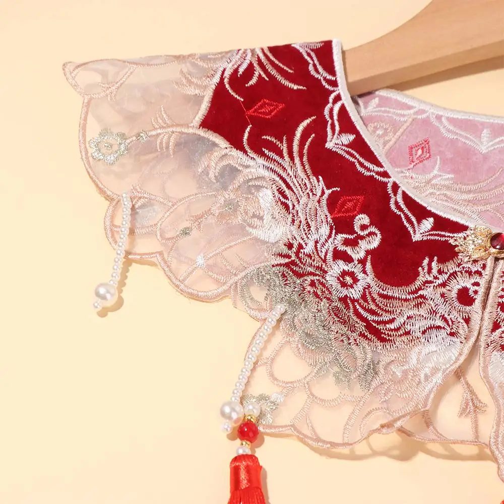 Retro Chinese Style Hanfu Collar Embroidered Detachable Hanfu Shoulder Collar Pearls Tassels Cheongsam Shawl for Women/Girls