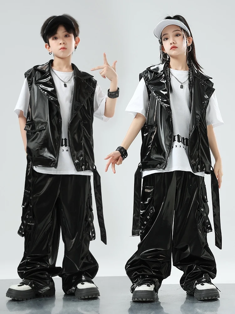 Kids Hip Hop Dance Costume Cool Black Leather Vest Pants Boys Street Dance Drum Show Clothing Girls Jazz Stage Outfits BL13432