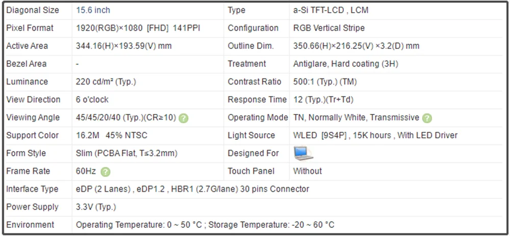 NT156FHM-N51 NT156FHM N51 15.6 Inch Laptop Slim LCD Screen IPS Panel EDP 30Pins FHD 1920x1080