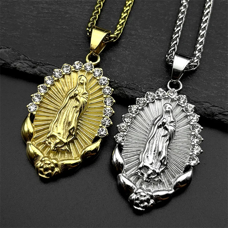 

Catholic Virgin Mary Rhinestones Pendant Necklace for Women Men Stainless Steel Gold Color Our Lady of Guadalupe Chain Jewelry