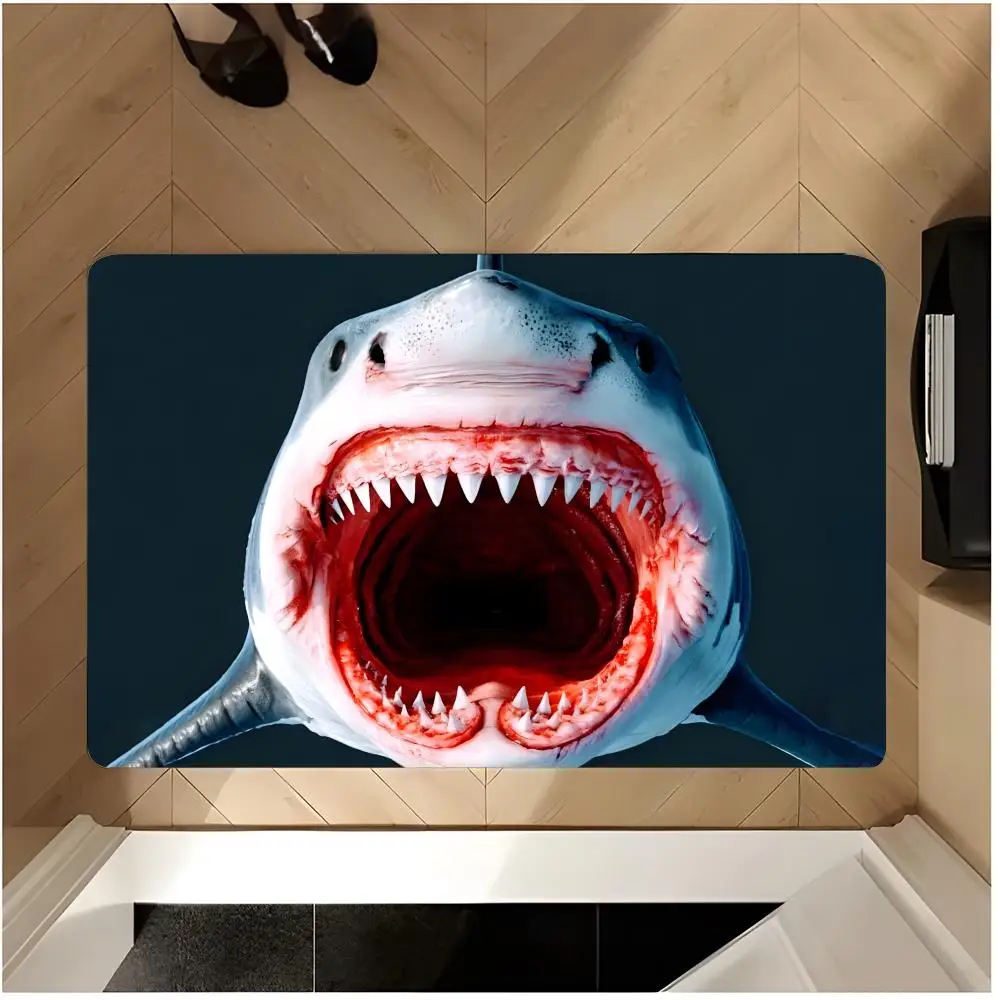 Art Visual D-3D Shark Floor Mat Non Slip Washable Flannel Doormat Water Absorbent Indoor Floor Carpet Rug
