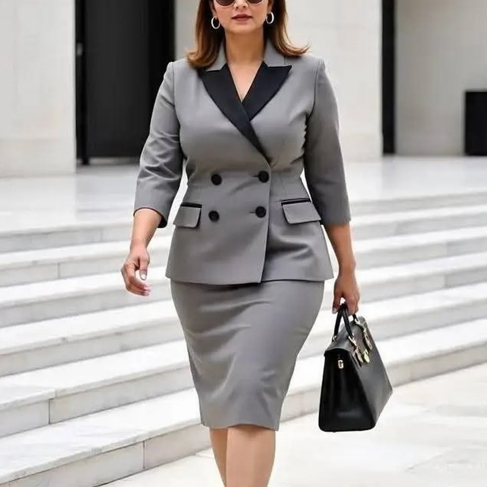 Black Collar Grey Women Suits Lady Formal Occasions Business Tuxedos Mother Wedding Party Ladies 2 Piece Set Jacket Skirt