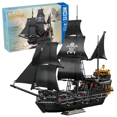 1424PCS Black Pirate Ship Building Blocks Skeleton Ghost Boat Model Assembly Bricks Toys Desktop Decoration Adult Holiday Gifts