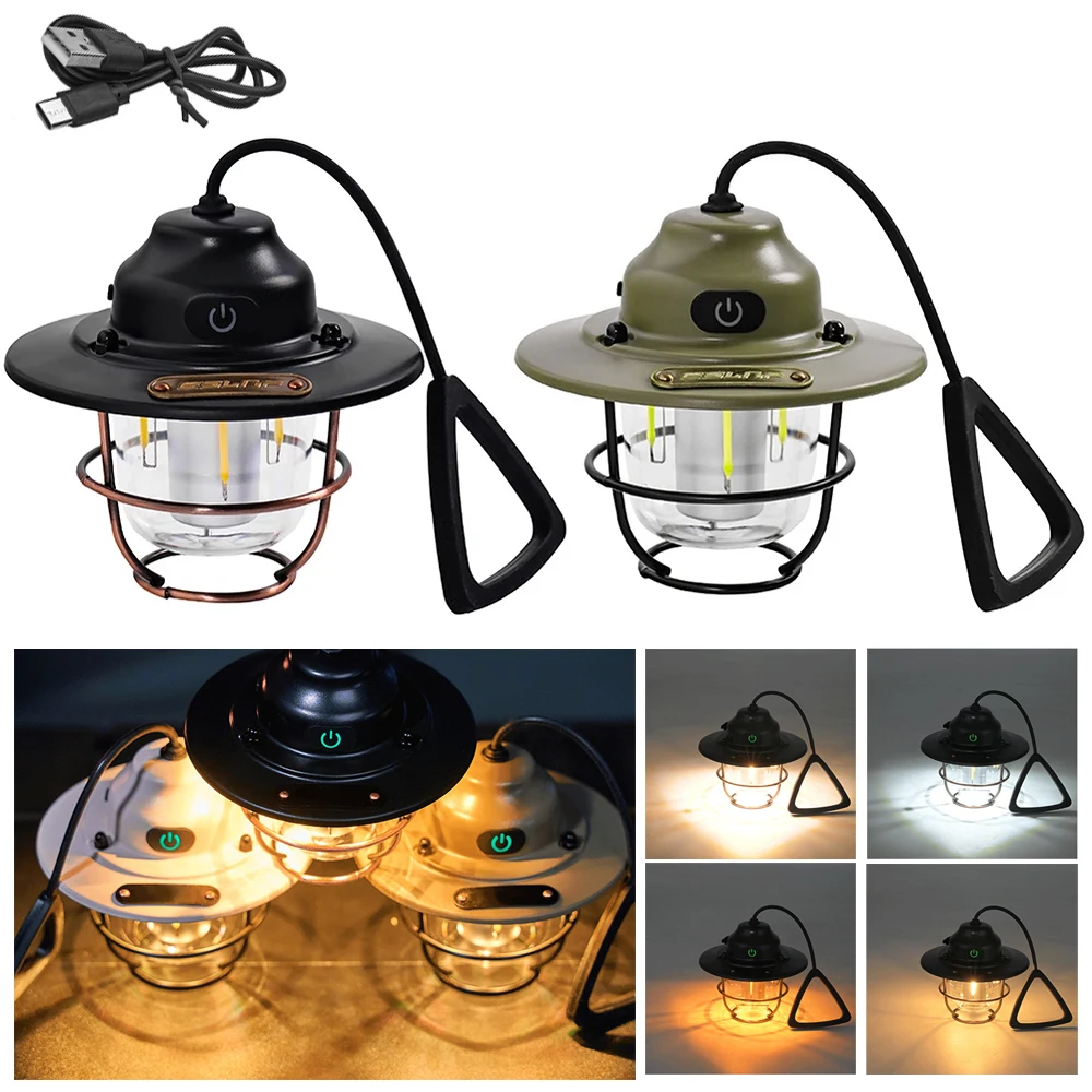 

LED Retro Camping Lantern Mini Portable Vintage Tent Light USB Rechargeable Hanging Garden Lamp 4 Modes Waterproof Outdoor Light