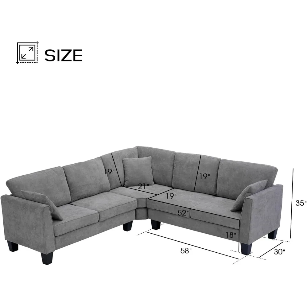 Rozkładana sofa segmentowa Sofa w kształcie litery L do salonu, dwustronna narożna sofa segmentowa Mała w kształcie litery L, szara