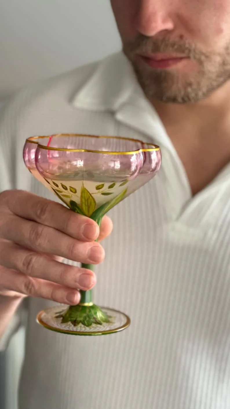 

Hand-Painted Floral Champagne Glass with Gold Rim, Khaki-Pink Festive Drinkware, Luxury Rose Gold Party Decor & Gift