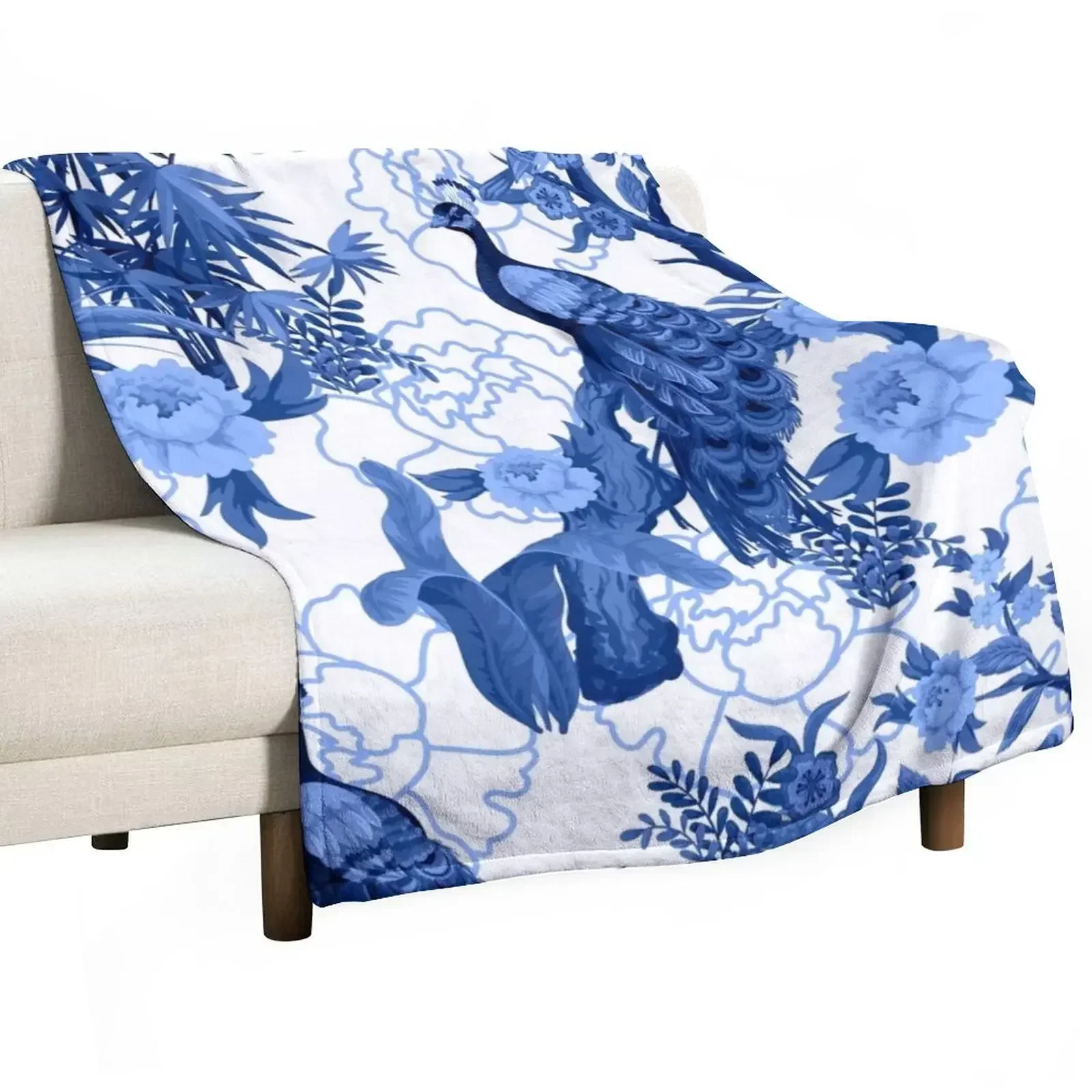 Delft Blue Chinoiserie Fengshui Oriental Garden with Peacocks Throw Blanket warm for winter Quilt Thin Soft Blankets