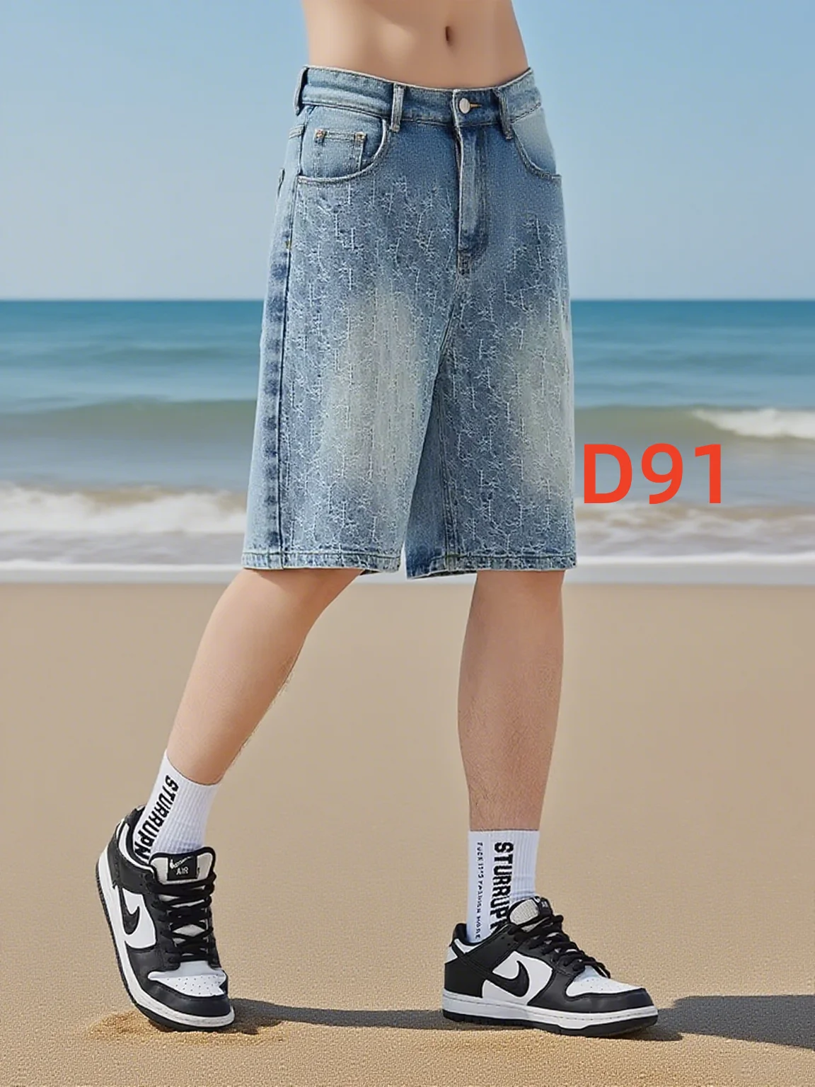 

Summer men's denim shorts printed blue washed men's jeans straight leg casual men's drawstring loose denim shorts new fashion
