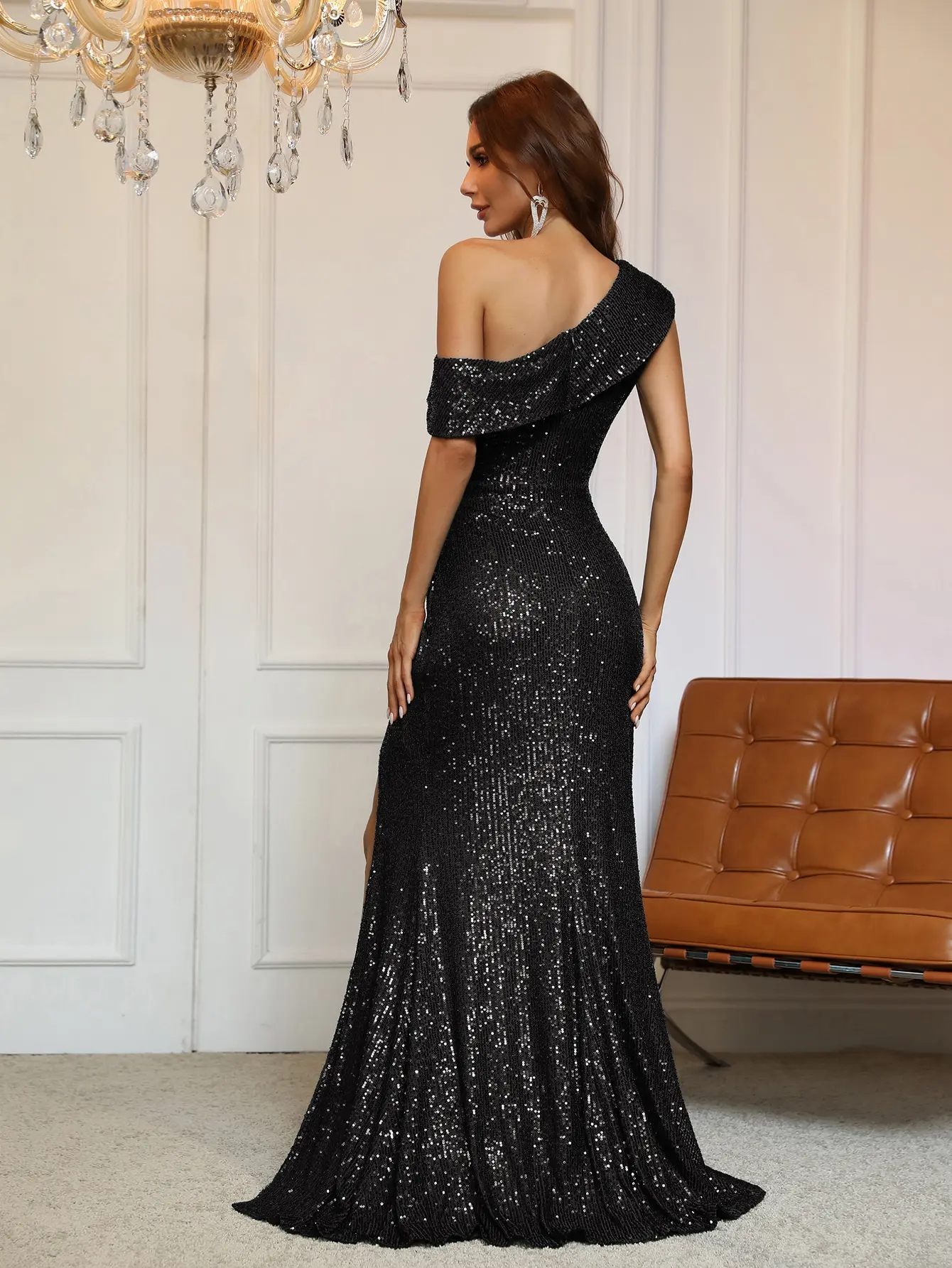 2024 Elegant Black Asymmetrical Neck Ruched Wrap Hem Luxury Sequin Prom Dress Evening Party Mermaid For Women Clothing