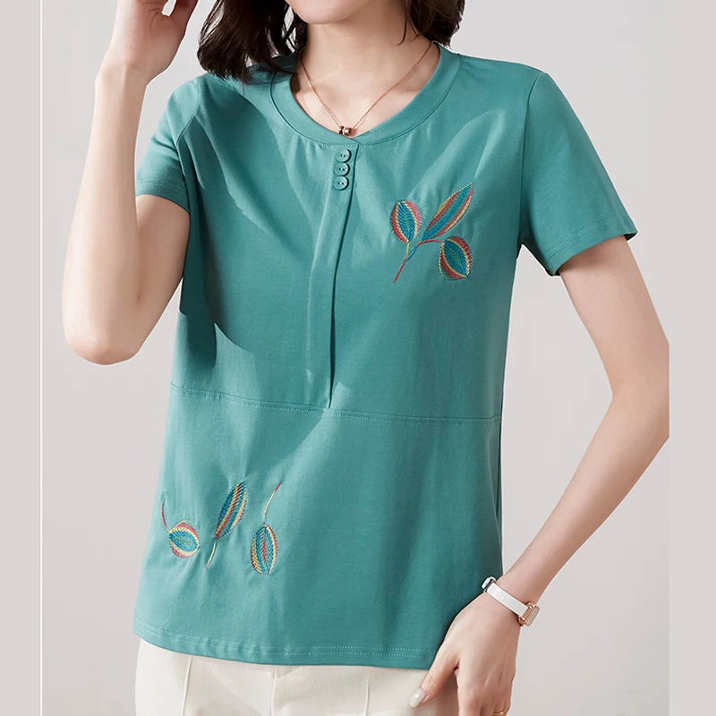 2023 Summer Casual Tshirts Embroidery Short Sleeve Tees Women Cotton T Shirt Women Button Loose Tops Ladies Korean Woman Clothes