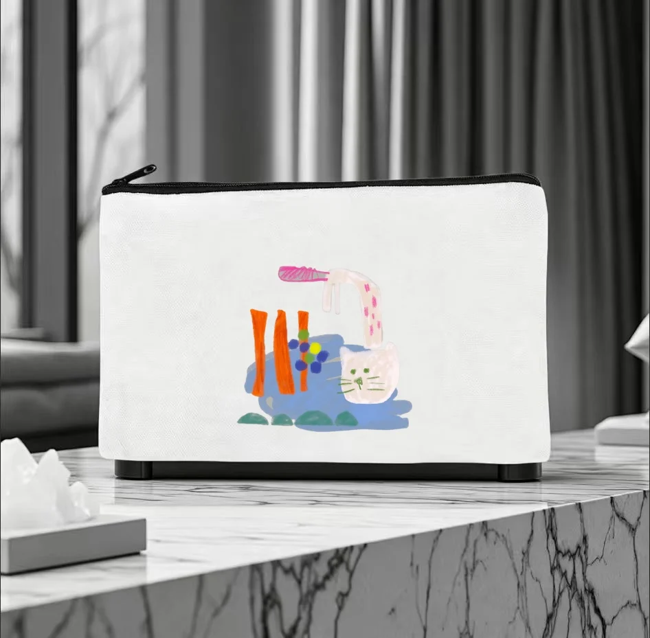 1PC Abstract Childlike Graffiti Kitty Noodle Bowl Print Makeup Bag Double Sided Canvas Daily Storage Organizer