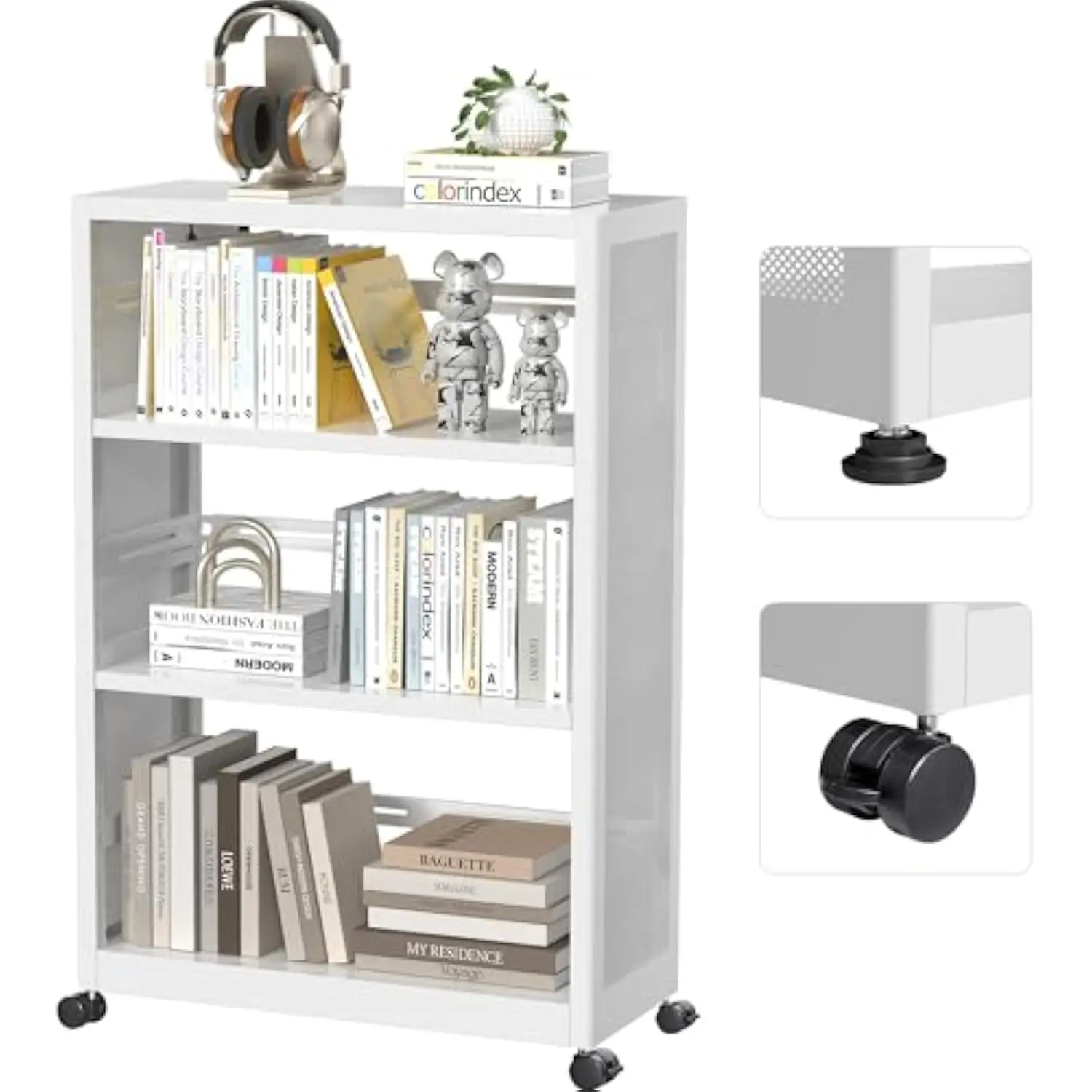 

Mobile 3 Tier Bookshelf with Wheels and Adjustable Feet, Metal 3 Shelf Bookcase, Black Heavy Duty Book Shelf for Small Space, B