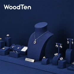 Woodten Light Luxe Sieraden Display Rekwisieten Blauwe Microfiber High-End Ring Oorbel Armband Portret Teller Sieraden Display Stand