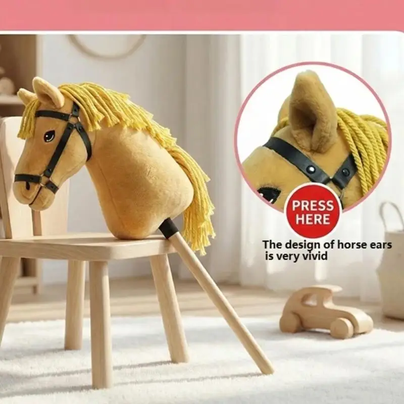 Plush Hobby Horse Toy With Wooden Bridle Strap and Yellow Plush Head, for Pretend Play Role Play Costume Use 6XDA