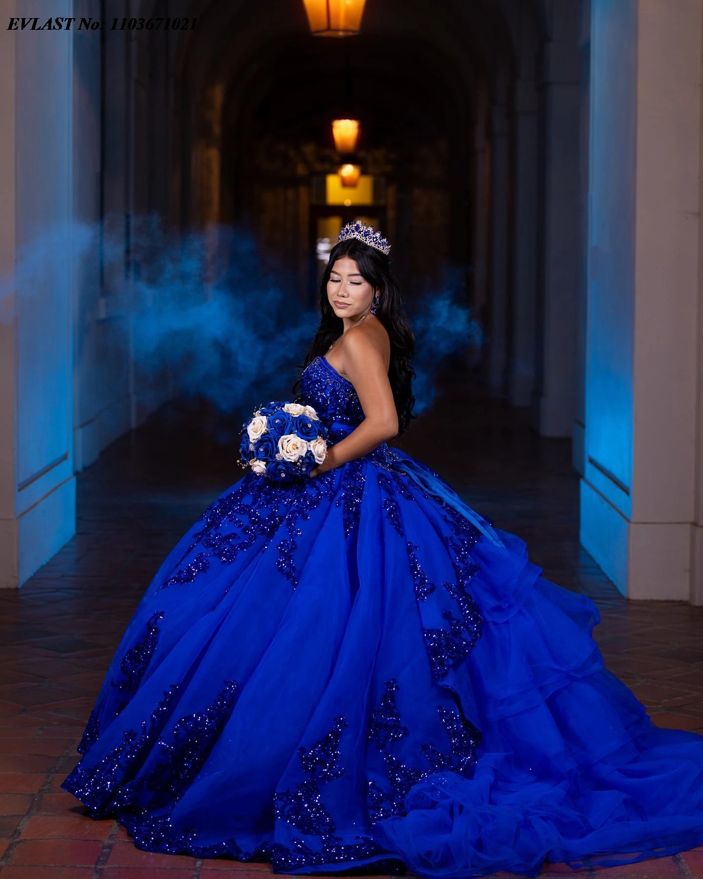 EVLAST Customized Royal Blue Quinceanera Dress Ball Gown Lace Applique Beading Tiered Corset Sweet 16 Vestidos De 15 Anos SQ782