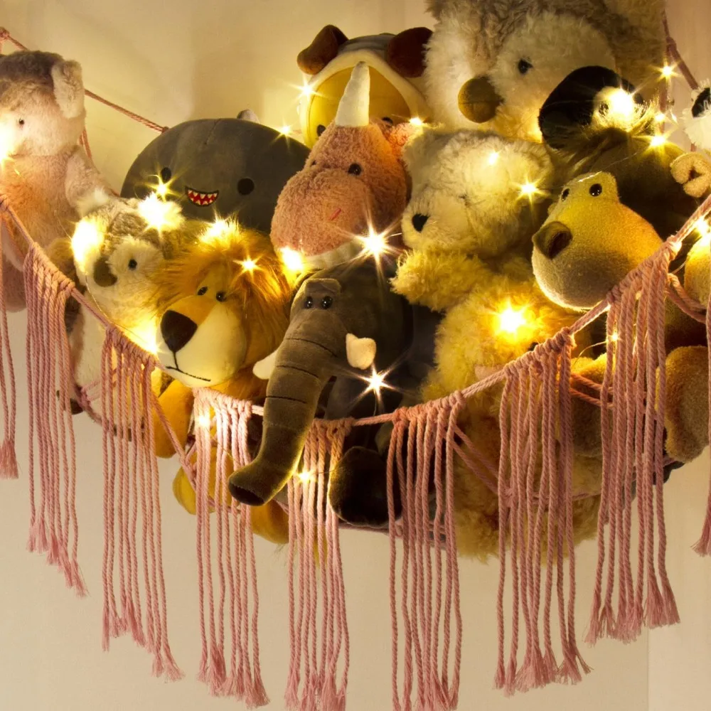 Stuffed Animal Hammock Corner Net with LED Light - Toy Storage Holder - Pink Cute Room Bedroom Decor for Teen Girls - Cute Bedro