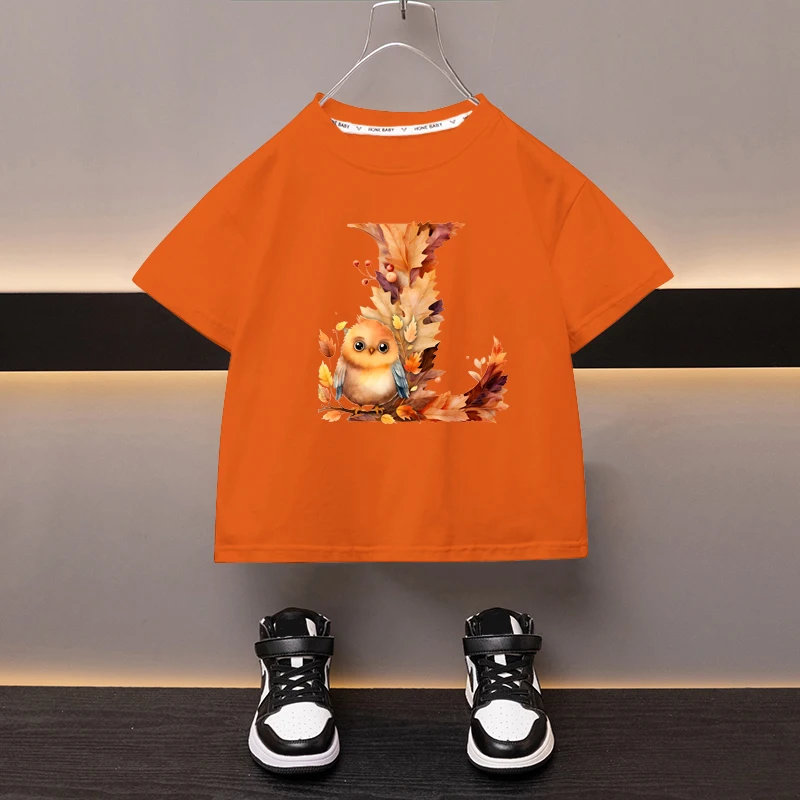 Maple Leaves Letter L Children T-shirt Kawaii Clothes for Girls T Shirt Anime Cartoons Casual Kid Boy Short Sleeve Tops New 2024