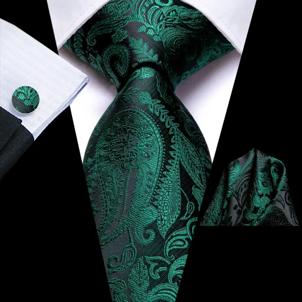 

Dark Green Black Paisley Silk Wedding Tie For Men Handky Cufflink Necktie Set Fashion Business Party Dropshiping Hi-Tie Designer