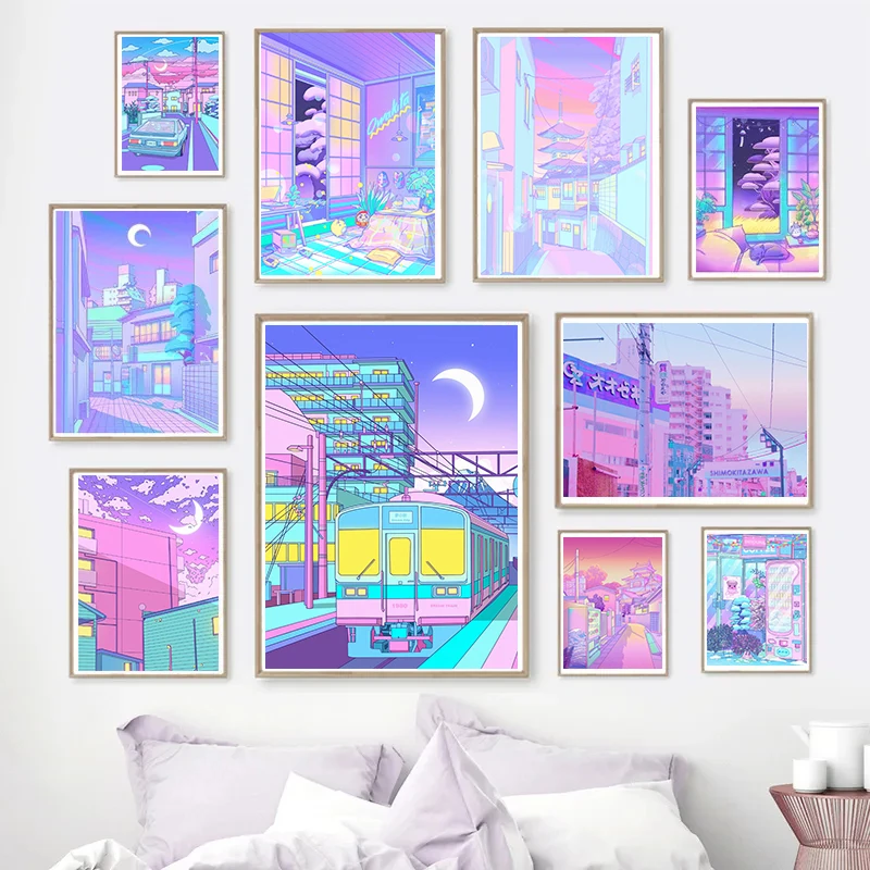 80S Neon City Street Vaporwave Canvas Poster Korean Street Moon Anime Decorative Painting Wall Art Prints Kids Kawaii Room Decor