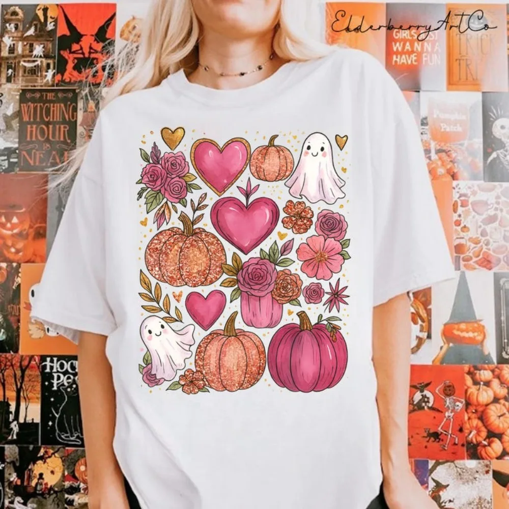 Pink Halloween Ghost Shirt Girly Pumpkin Tees Boho Floral Fall T-Shirt Glitter Autumn Vibes Tees Women Sweatshirt Aesthetic Tees