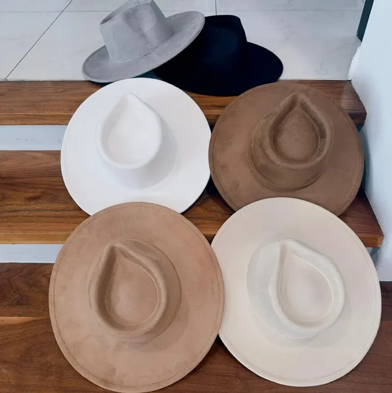 Wegański zamszowy kapelusz fedora z dużym topem w kształcie łzy dla kobiet z sztywnym rondem płaski modny kapelusz zamszowy kapelusz dla kobiet
