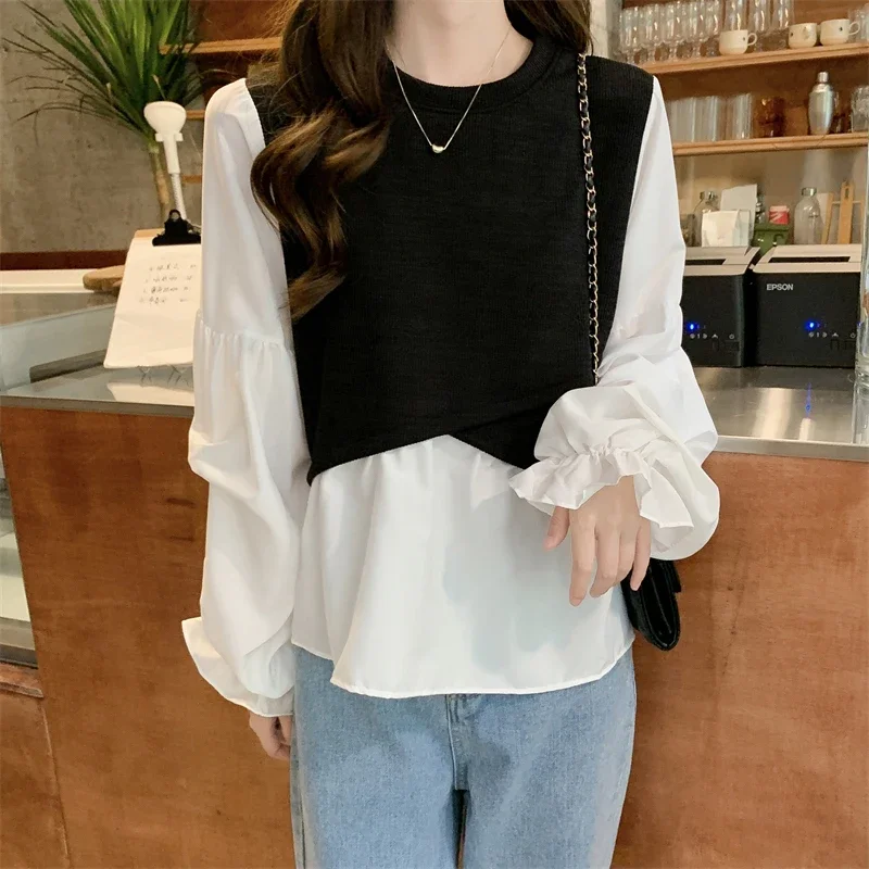 Pink Women Shirts Korean Sweet Patchwork Lantern Sleeve Female Blouse Autumn New Ruffles Preppy Style Ladies Casual Tops