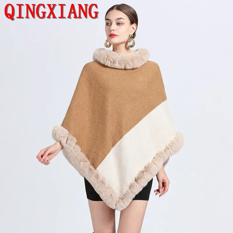 Winter Faux Rabbit Fur Cloak Women Triangle Beige Camel Contrast Color Poncho Fashion Cape Loose Pullovers Outstreet Wear Coat