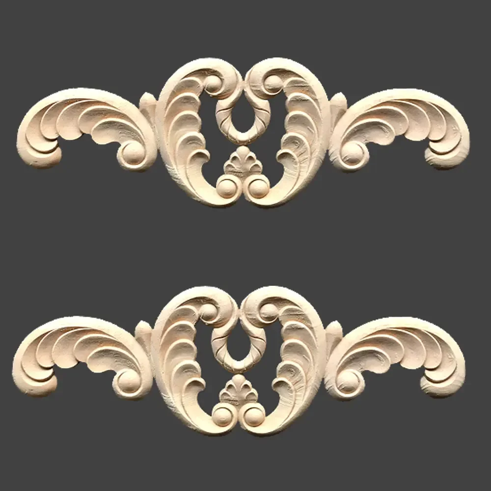 2pcs Unpainted Long Wood Decal Carved Oak Door Cabinet Decorative Flower Home Window Corner Decoration Accessories Sculptures