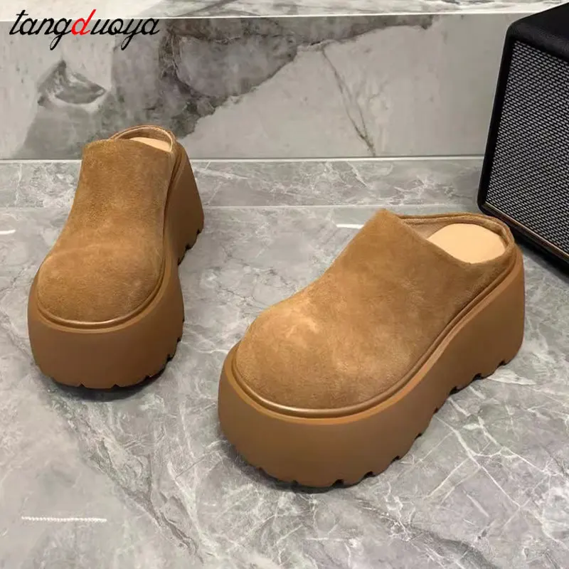 Hot Sales 2024 New Women's Shoes Casual Mules Slippers Suede Leather Platform Loafers Women's Retro Fashion Garden Clog Slides