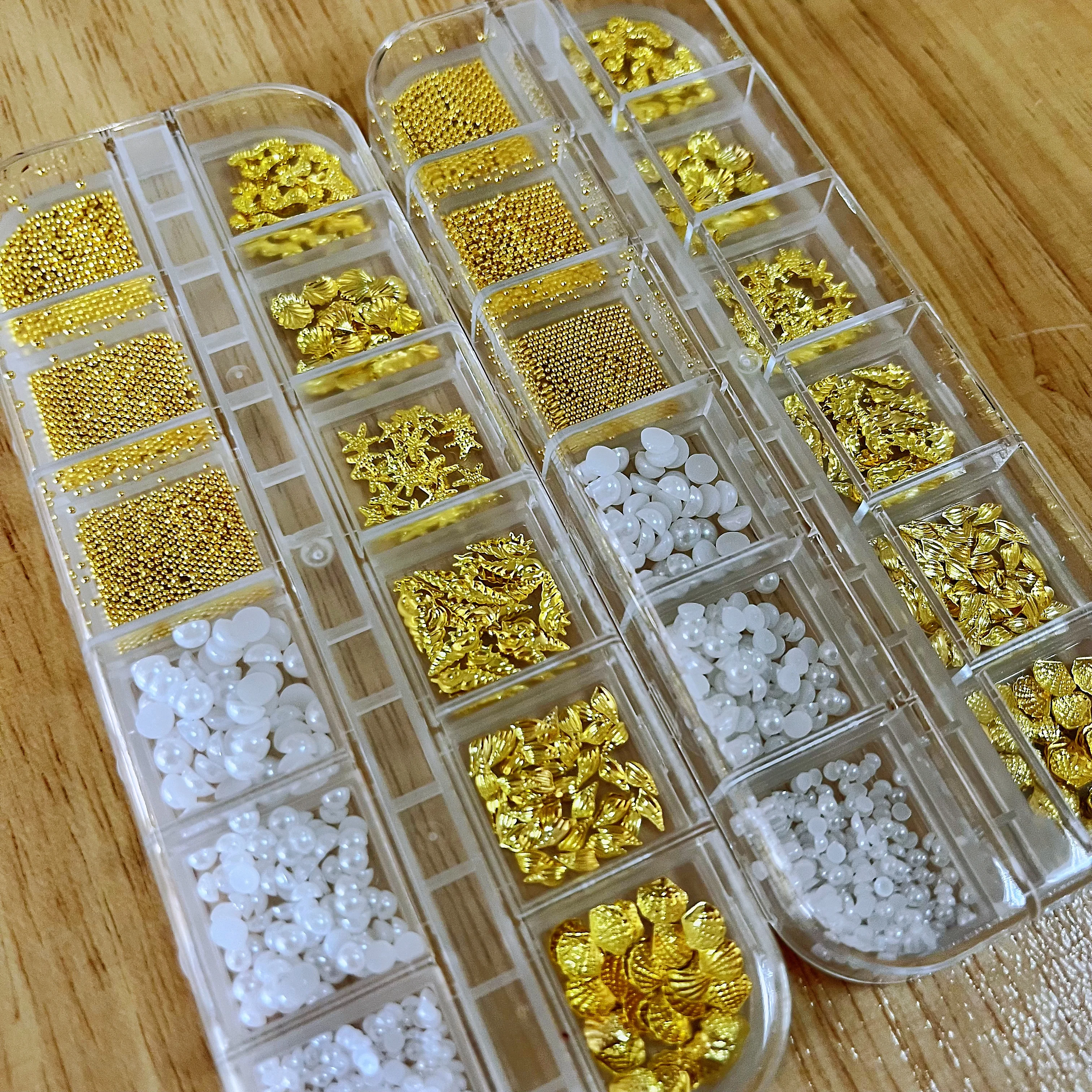 12-Grids Ocean สไตล์ & Pearl Nail Art Charms โลหะ Rivets ปลาดาว Seahorses การออกแบบเล็บลูกเหล็ก & เพิร์ลตกแต่งเล็บ *