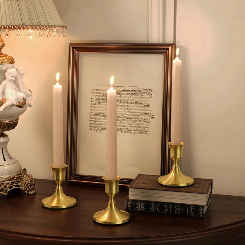 6PCS Brass Gold Taper Candle Holders, Vintage Metal Candlestick Holders For Dinner Room Table Centerpiece Or Mantel