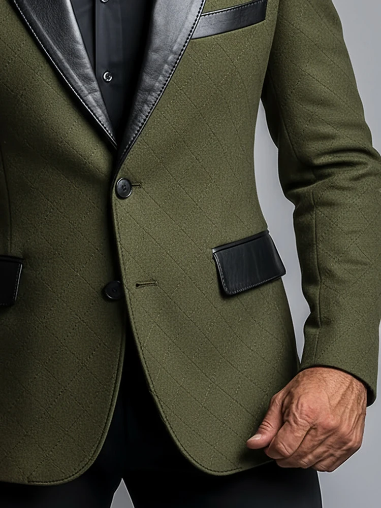Men’s Army Green Diamond Textured Faux Suede Blazer Elegant Business Peak Lapel Single-breasted Formal Outerwear Blazer Jacket