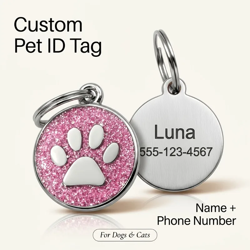 Free Personalized Dog Cat Plate Tags Engraved Puppy Pet ID Name Collar Tag Alloy Paw Glitter Pendant Pets Dogs Accessories