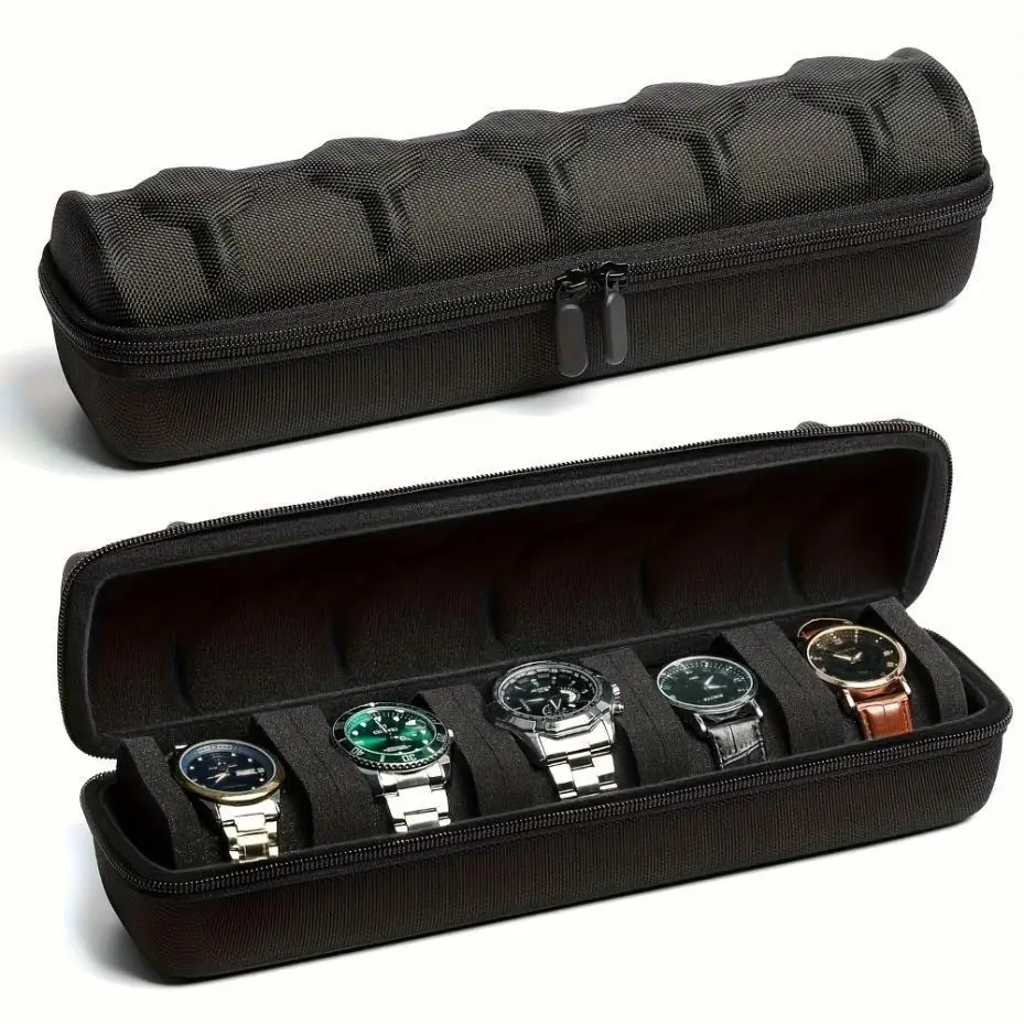 Portable Watch Storage Case 5/6 Compartment Heavy Duty Organizer With Hinged Lid Soft Interior For Display And Protection