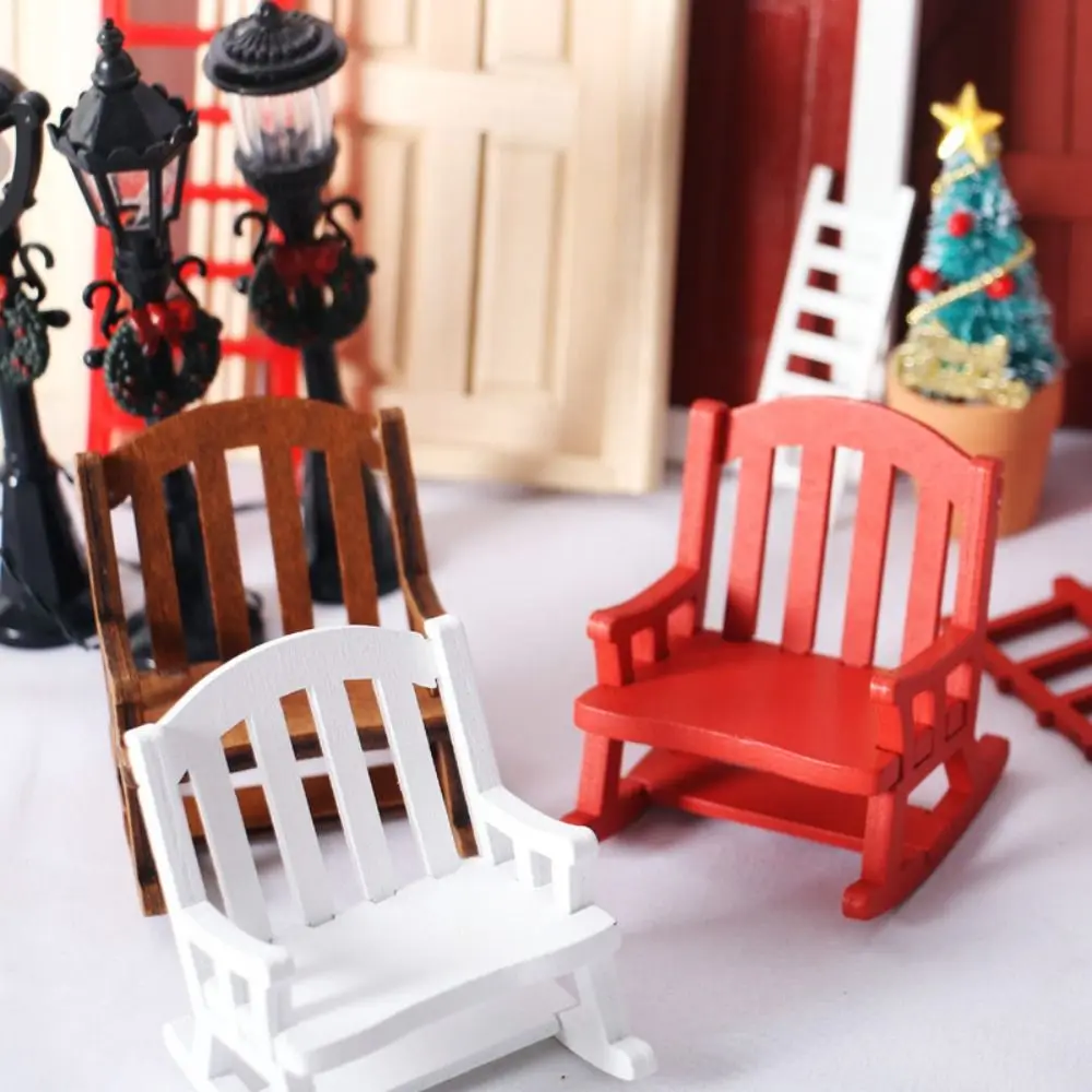 Pretend Play Toys Realistic Mini Rocking Chair Miniature Wood Dollhouse Chairs Vivid Retro Swing Rocking Chair Model Kid Toy