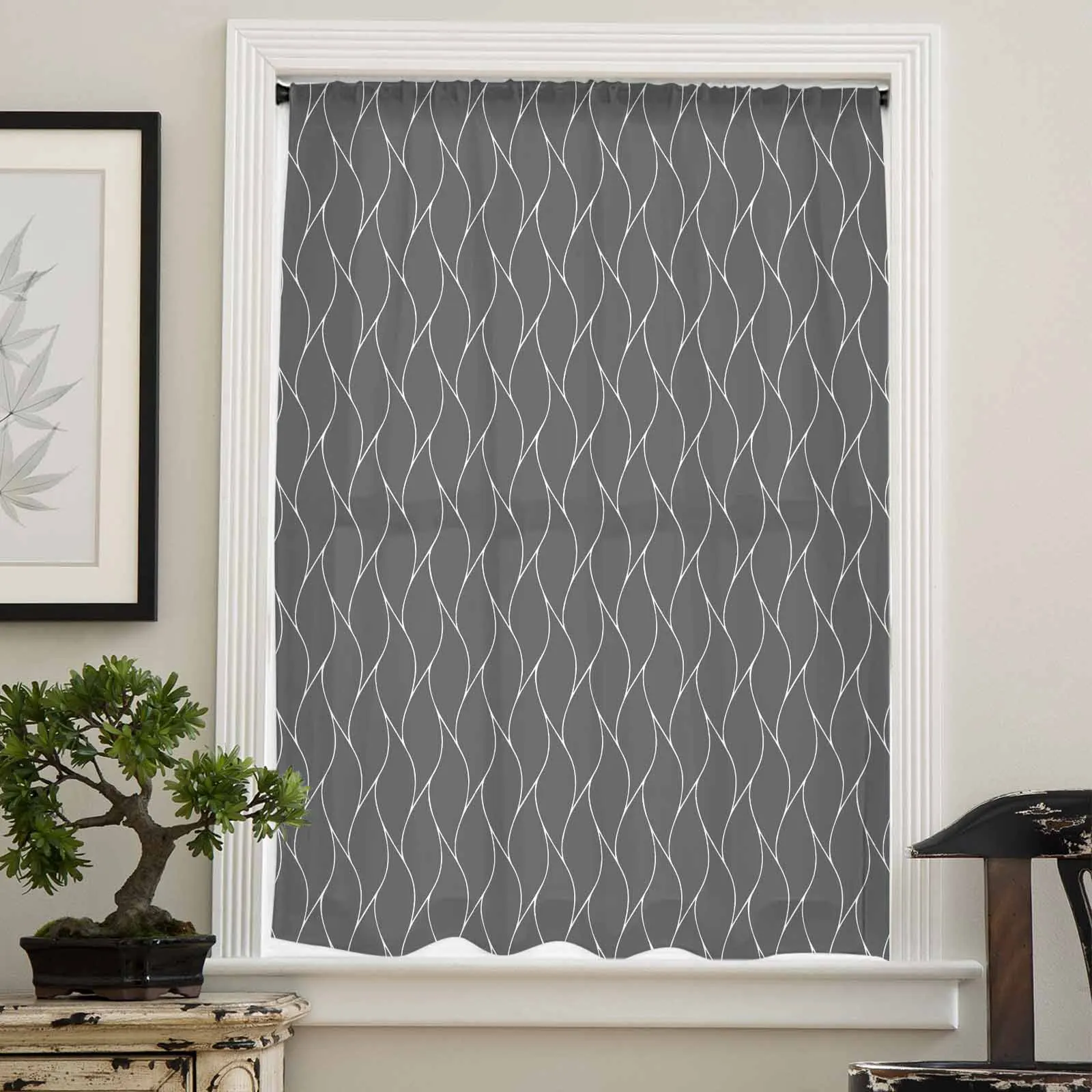 Dark Gray Long Wave Pattern Texture Sheer Curtains for Living Room Bedroom Window Treatment Kitchen Chiffon Curtain