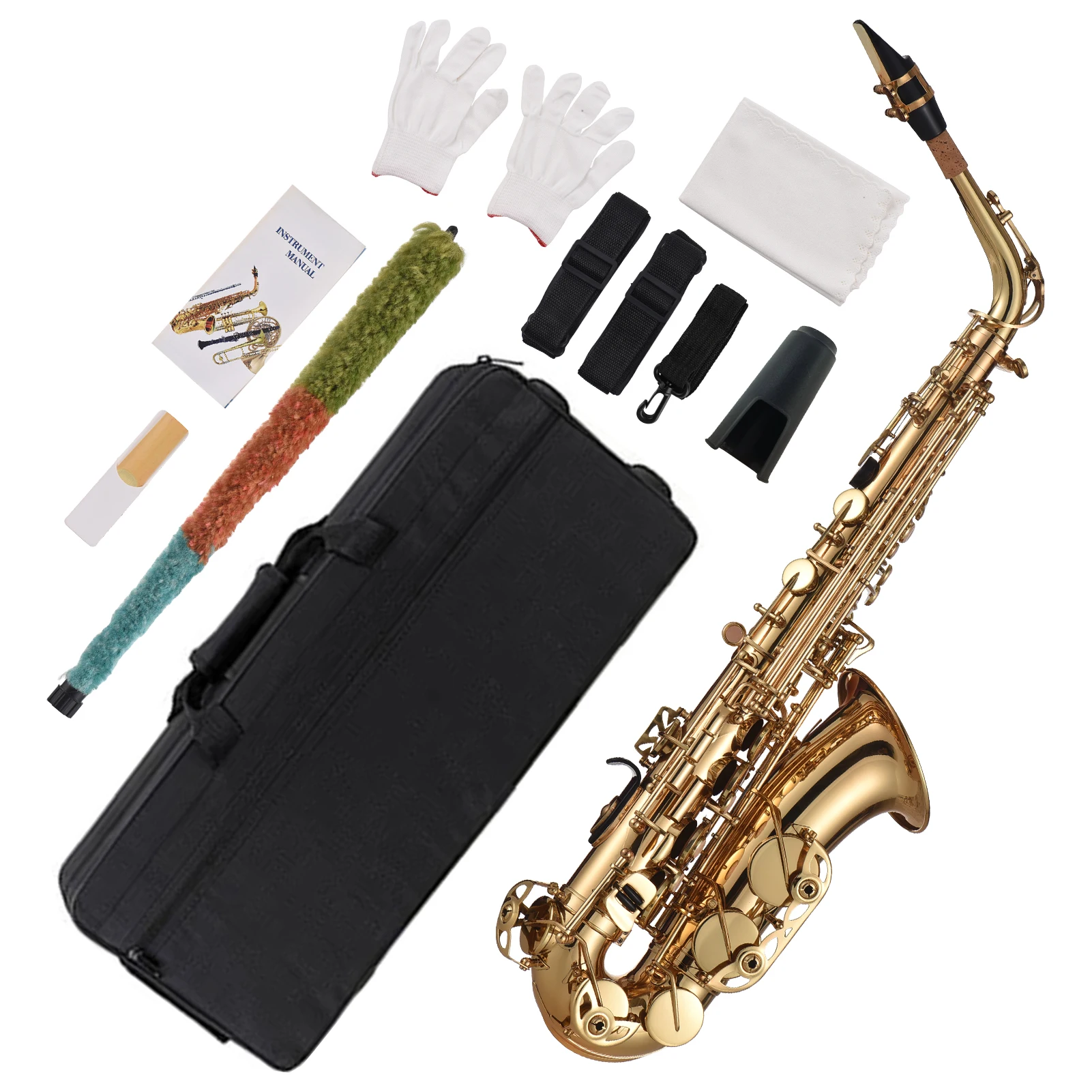 Saxophone Brass Lacquered Gold E Flat Sax 875 Key Type Woodwind Instrument with Cleaning Brush Cloth Gloves Strap Padded Case