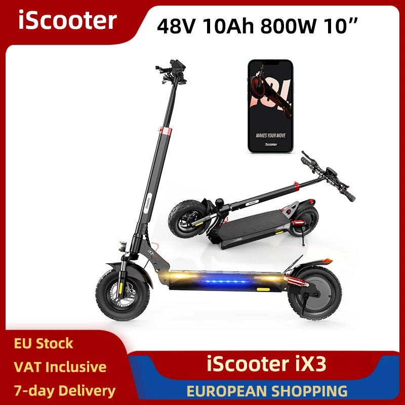 Monopattino Elettrico iScooter iX3 800W 48V 10Ah, Pneumatici Fuoristrada da 10 Pollici, Pieghevole, Doppia Sospensione, App, 40km/h, 30-40km di Autonomia